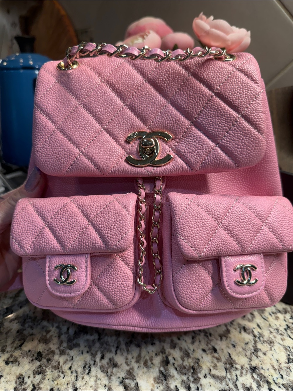 Pink Quilted Caviar Leather Backpack with Chain
